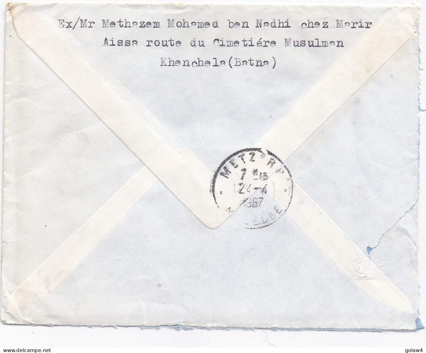 36810# ALGERIE LETTRE RECOMMANDE Obl KHENCHELA BATNA 1967 Pour METZ MOSELLE - Algeria (1962-...)