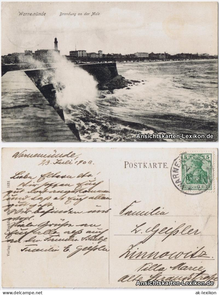 Ansichtskarte Warnemünde-Rostock Brandung An Der Mole 1908 - Rostock