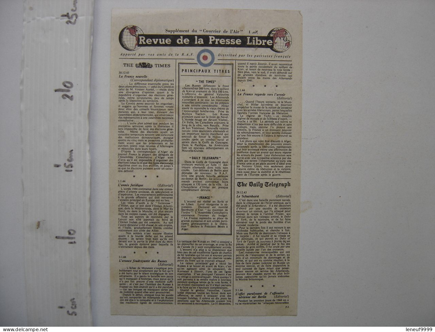 Flugblatt Tract Propagande Guerre Propaganda Leaflet RAF Courrier De L'Air SUPPLEMENT - 1939-45