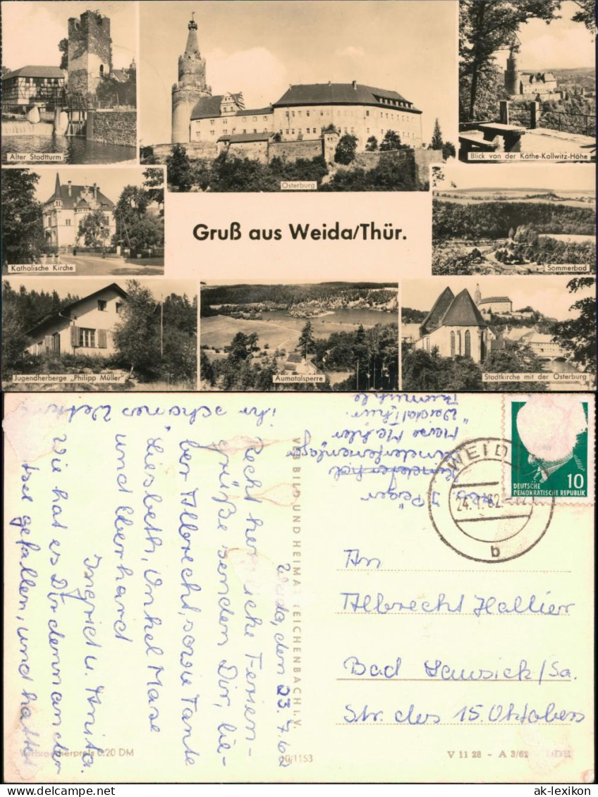 Ansichtskarte Weida (Thüringen) Aumatalsperre, Stadtturm, Sommerbad 1962 - Weida