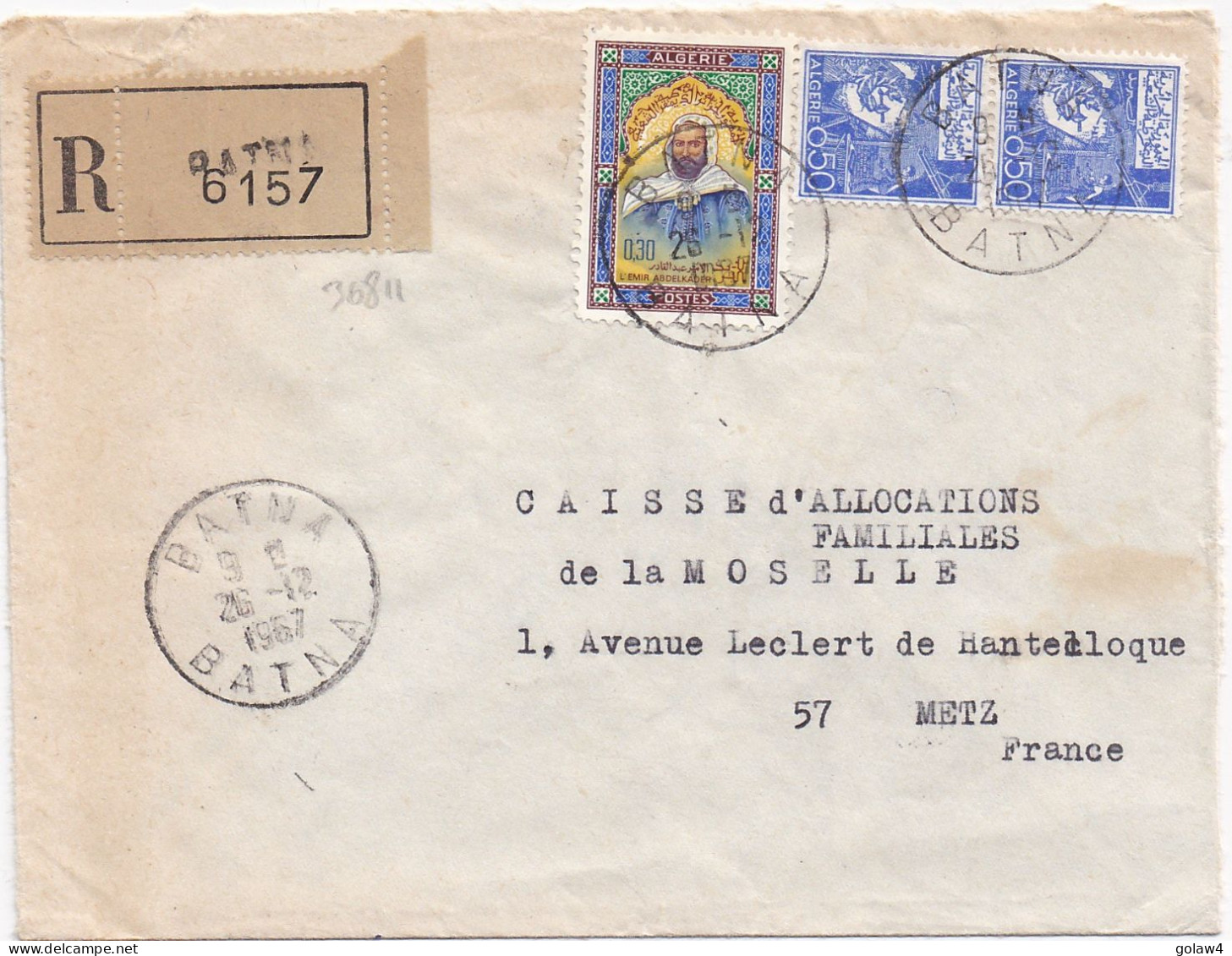 36811# ALGERIE LETTRE RECOMMANDE Obl BATNA BATNA 1967 Pour METZ MOSELLE - Algerien (1962-...)