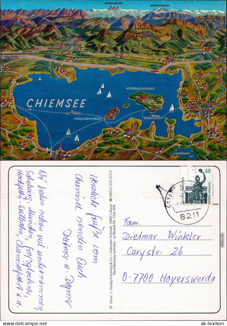 Ansichtskarte Chiemsee Chiemsee (See) - Karte - Zeichnung 1991 - Chiemgauer Alpen