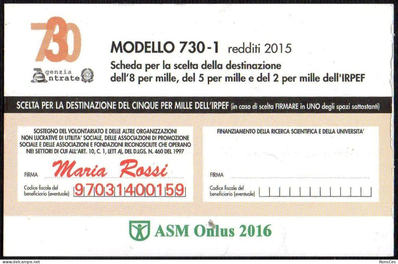 ITALIA 2016 - CALENDARIO TASCABILE - ASM ONLUS - MODELLO 730-1 REDDITI 2015 - SCHEDA DESTINAZIONE 5x1000 - I - Petit Format : 2001-...