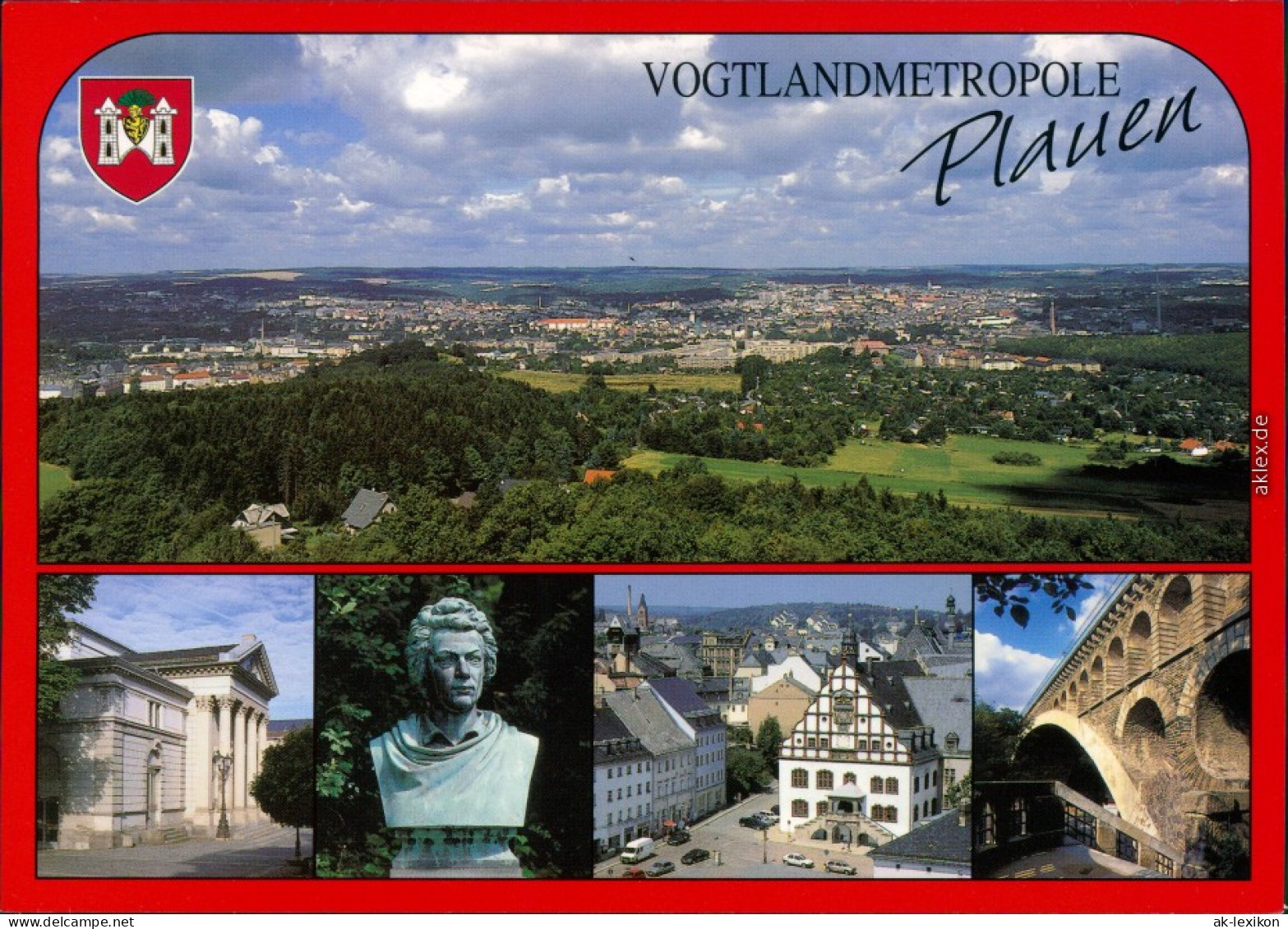 Plauen (Vogtland) Panorama, Theater, Julius-Mosen-Denkmal 2002 - Plauen