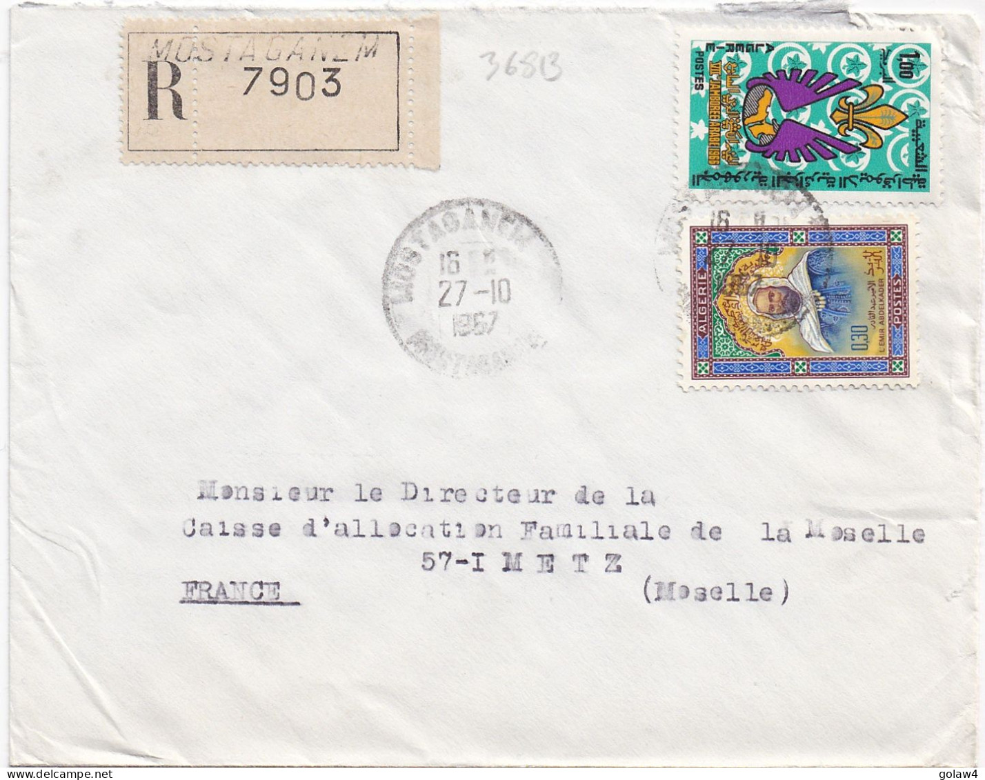 36813# ALGERIE LETTRE RECOMMANDE Obl MOSTAGANEM MOSTAGANEM 1967 Pour METZ MOSELLE - Algérie (1962-...)