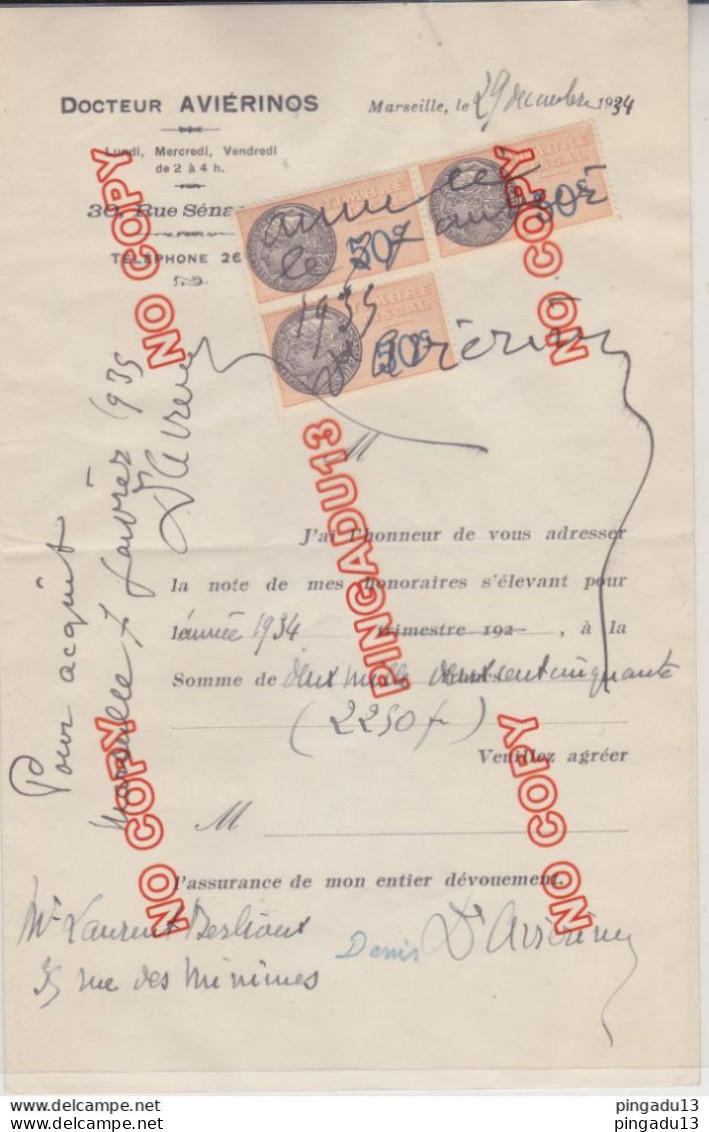 Fixe Timbre Fiscal Facture Médecin Dr Aviérinos Marseille 29 Déc 1934 Santé Médecine - Cartas & Documentos