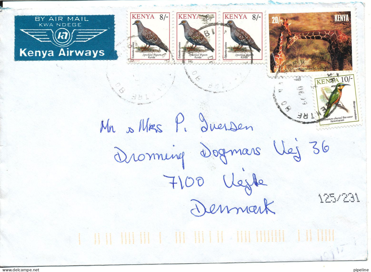 Kenya Cover Sent Air Mail To Denmark Topic Stamps BIRDS (the Giraffe Stamp Is Damaged) - Kenya (1963-...)