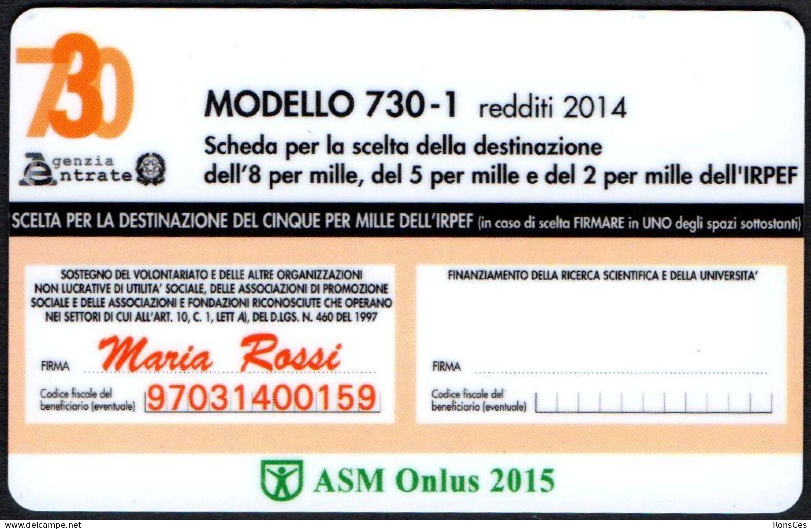 ITALIA 2015 - CALENDARIO TASCABILE - ASM ONLUS - MODELLO 730-1 REDDITI 2014 - SCHEDA DESTINAZIONE 5x1000 - I - Tamaño Pequeño : 2001-...