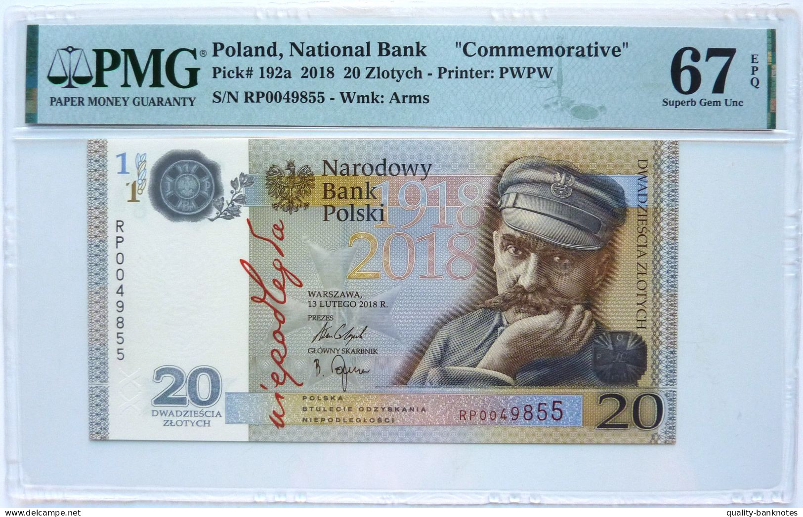 •Q-B• POLAND 20 Zlotych 2018 • P 192 A• PMG EPQ 67 GEM UNC • 49855/50000• FOLDER - Pologne