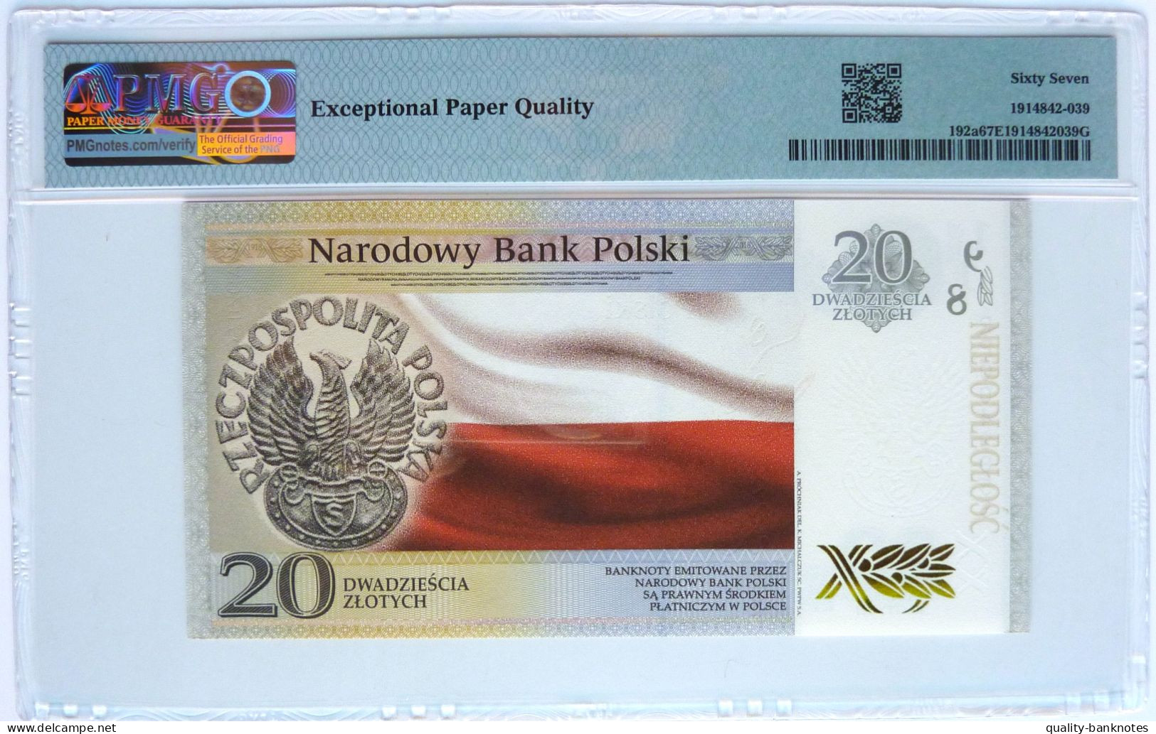 •Q-B• POLAND 20 Zlotych 2018 • P 192 A• PMG EPQ 67 GEM UNC • 49855/50000• FOLDER - Poland