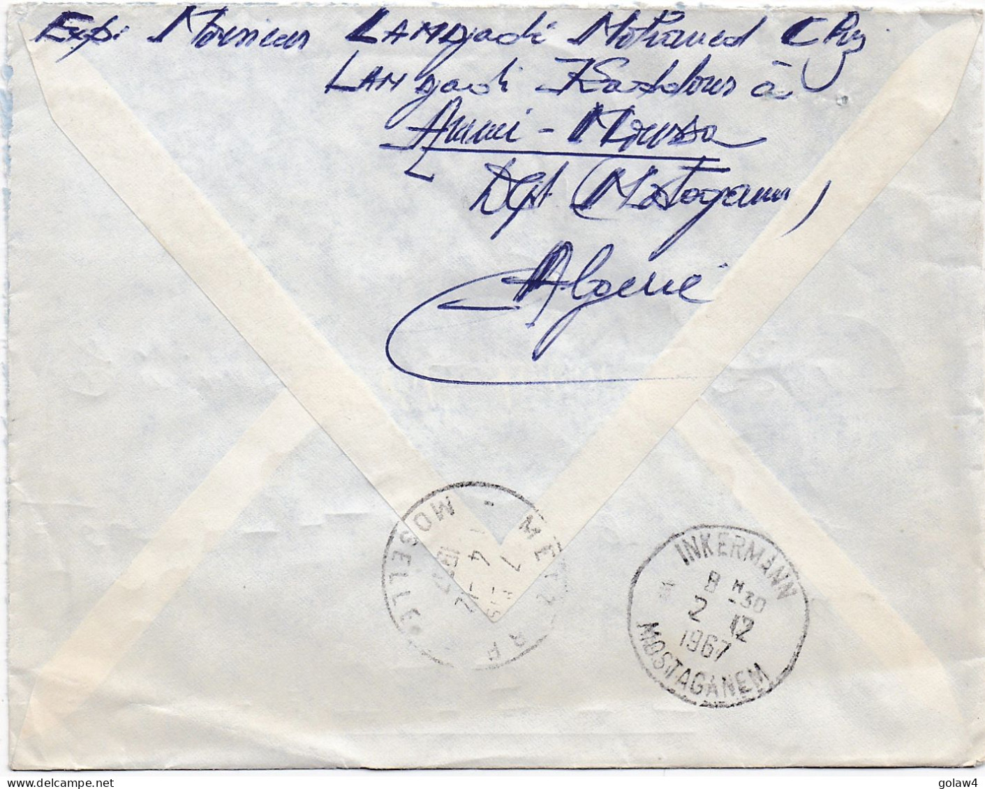 36816# ALGERIE LETTRE RECOMMANDE AR ACCUSE RECEPTION Obl AMMI MOUSSA MOSTAGANEM 1967 Pour METZ MOSELLE - Algerien (1962-...)