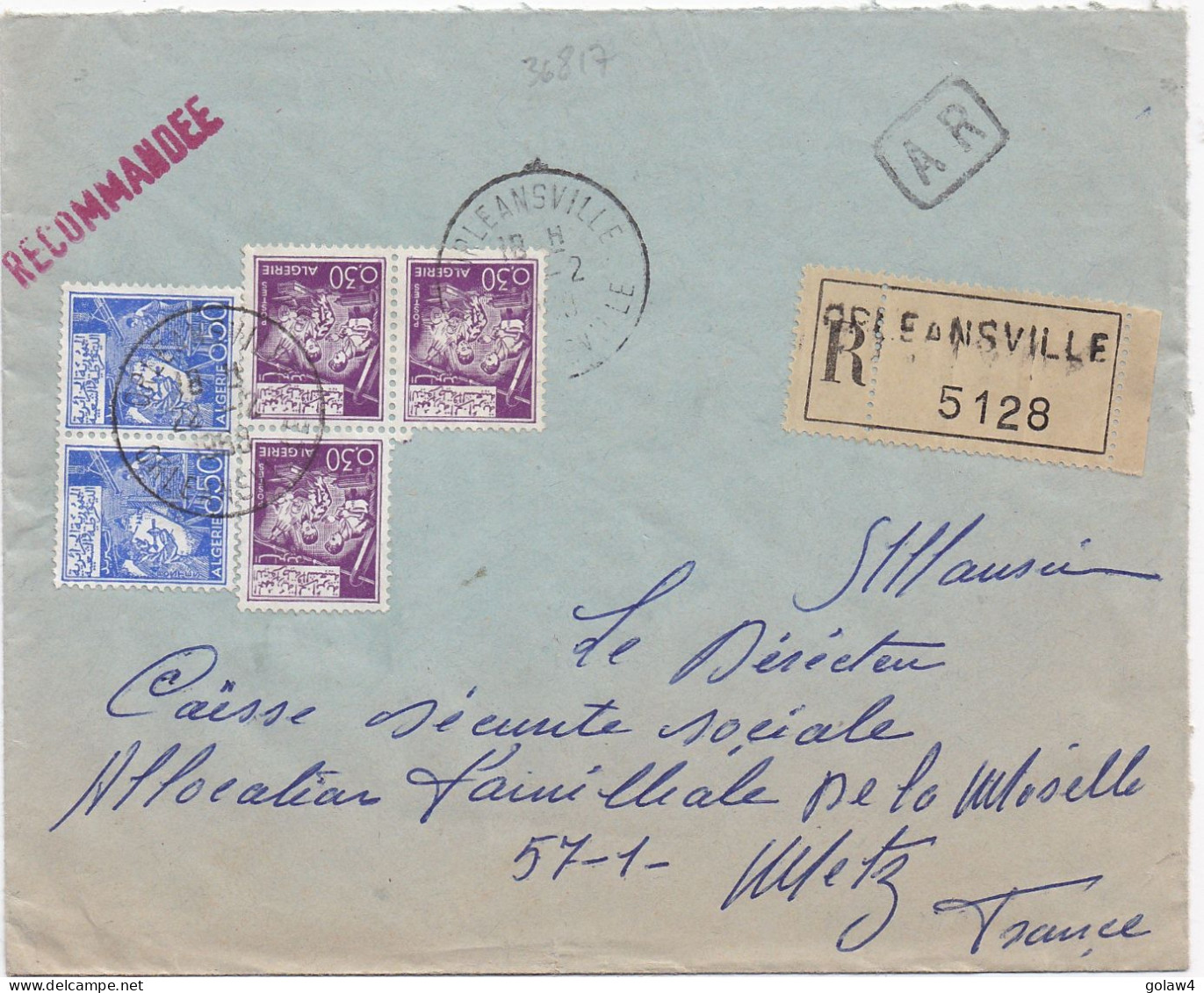 36817# ALGERIE LETTRE RECOMMANDE AR ACCUSE RECEPTION Obl ORLEANSVILLE ORLEANSVILLE 1968 Pour METZ MOSELLE - Algerien (1962-...)