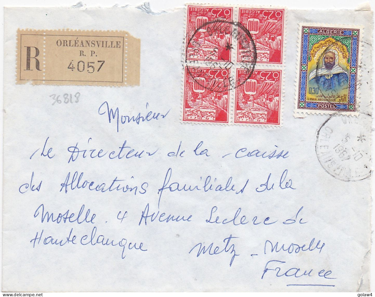 36818# ALGERIE LETTRE RECOMMANDE Obl ORLEANSVILLE ORLEANSVILLE 1967 Pour METZ MOSELLE - Algeria (1962-...)