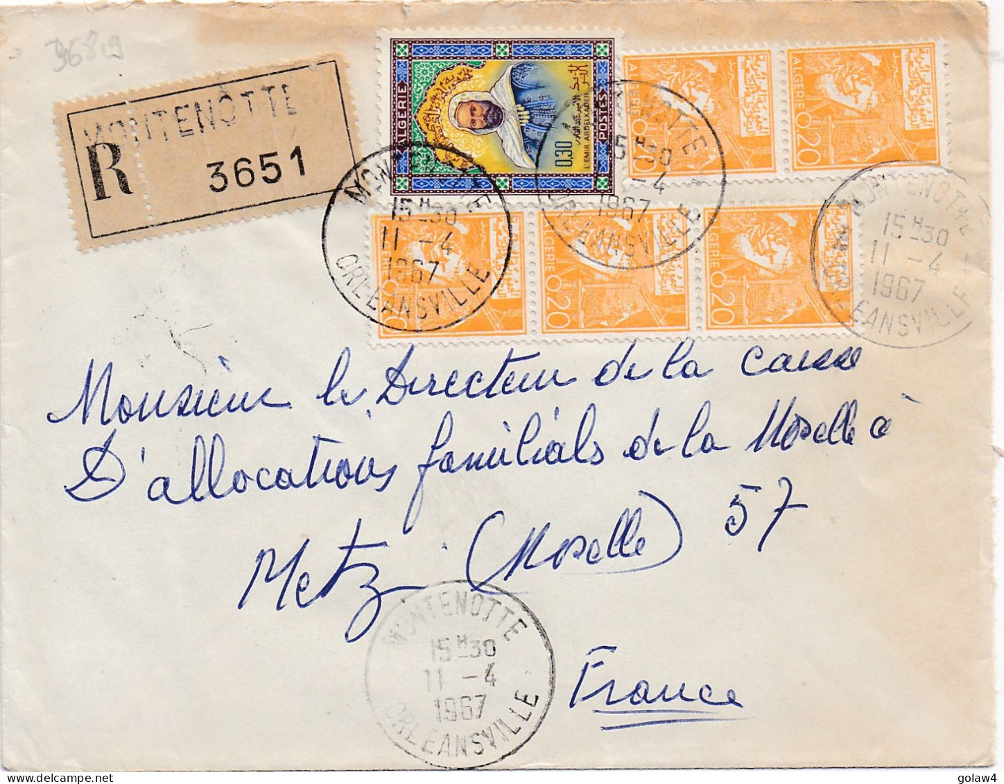 36819# ALGERIE LETTRE RECOMMANDE Obl MONTENOTTE ORLEANSVILLE 1967 Pour METZ MOSELLE - Algeria (1962-...)