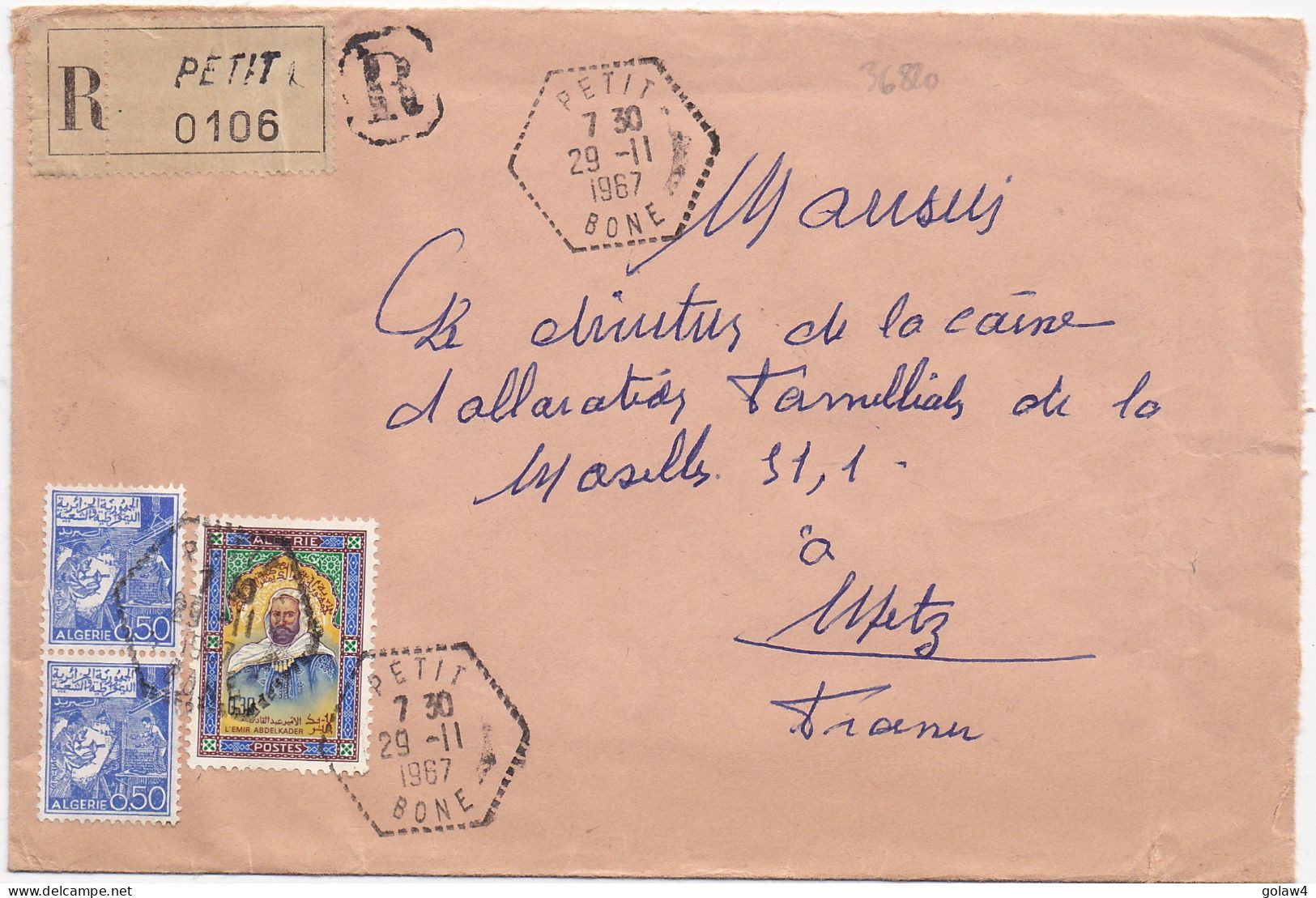 36820# ALGERIE LETTRE RECOMMANDE Obl PETIT BONE 1967 Pour METZ MOSELLE - Algerien (1962-...)