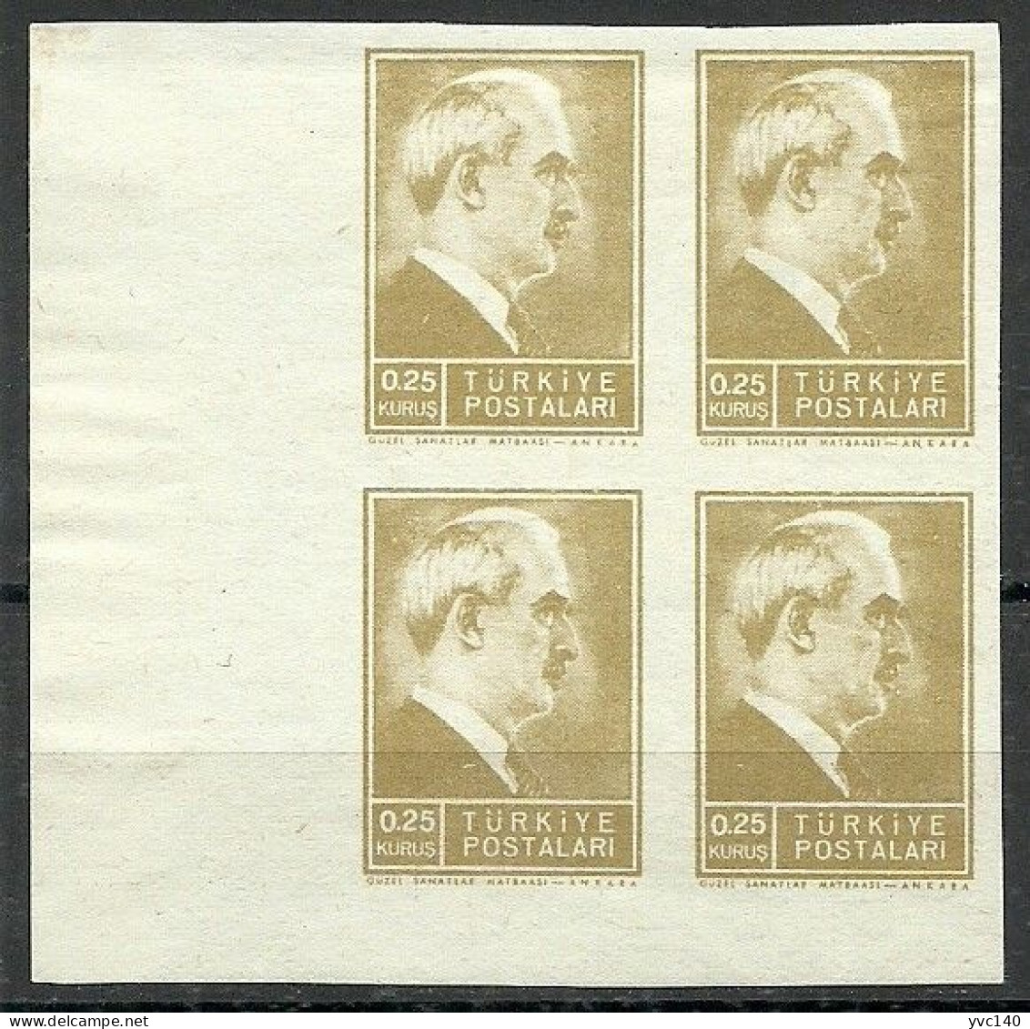 Turkey; 1944 2nd Inonu Issue 0.25 K. ERROR "Imperforate Block Of 4" - Unused Stamps