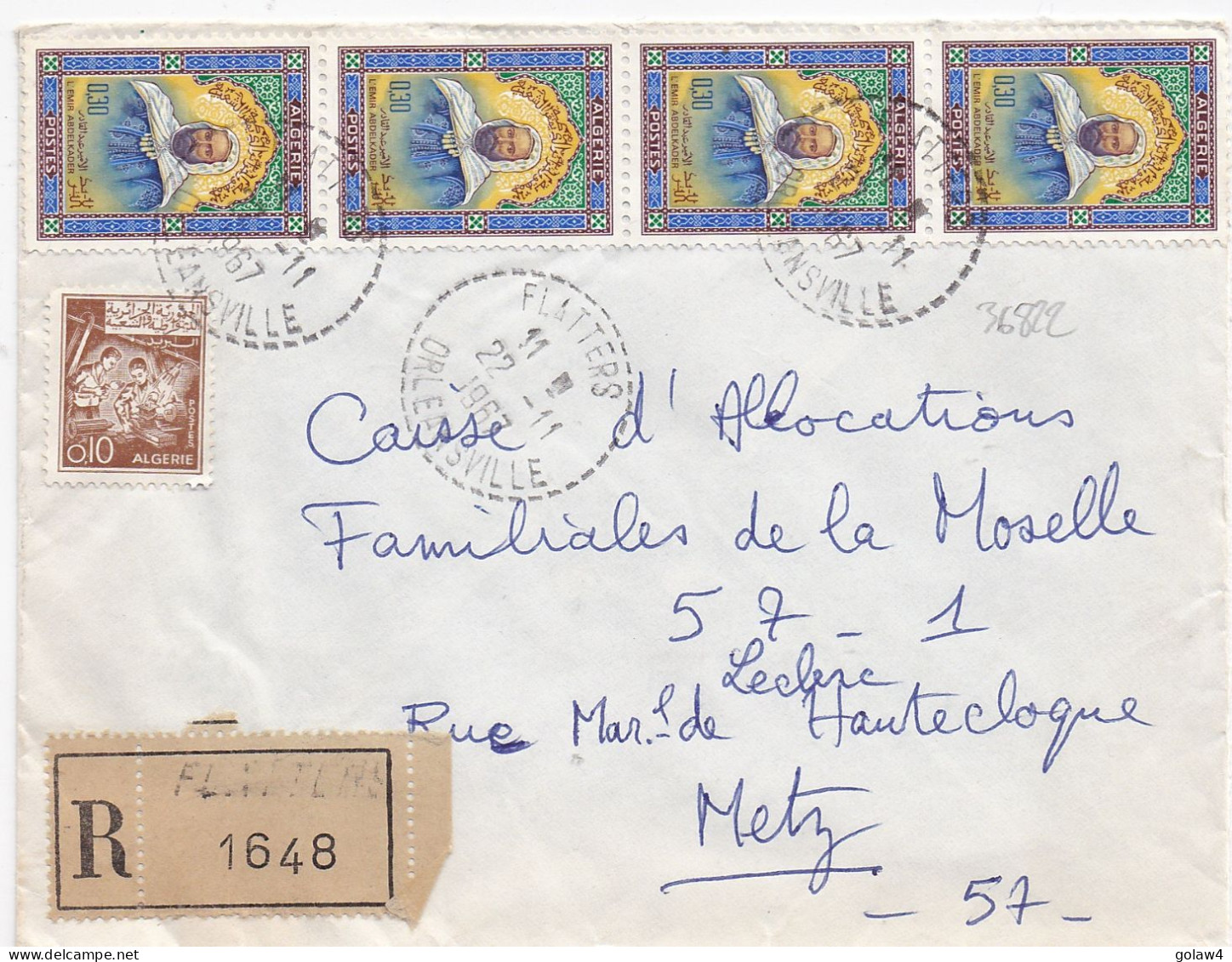 36822# ALGERIE LETTRE RECOMMANDE Obl FLATTERS ORLEANSVILLE 1967 Pour METZ MOSELLE - Algerien (1962-...)