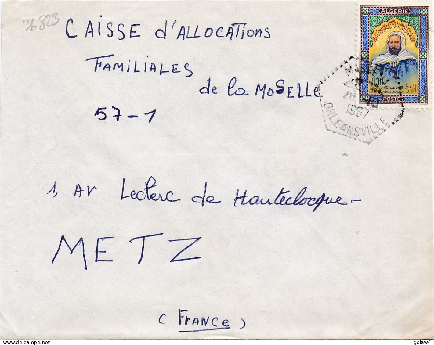 36823# ALGERIE LETTRE Obl MASSENA ORLEANSVILLE 1967 Pour METZ MOSELLE - Algérie (1962-...)