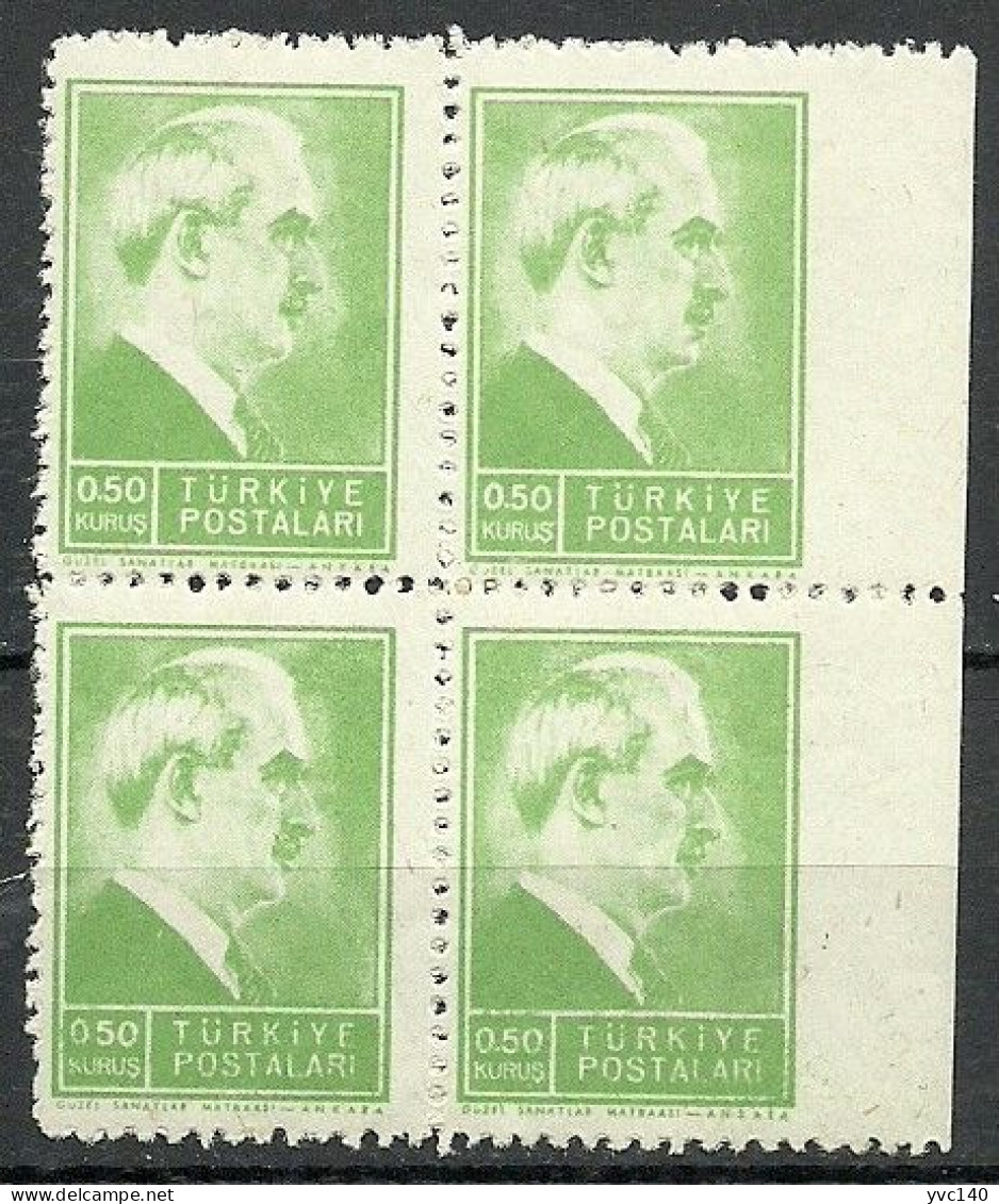 Turkey; 1944 2nd Inonu Issue 0.5 K. ERROR "Imperforate Edge" Block Of 4 - Nuovi