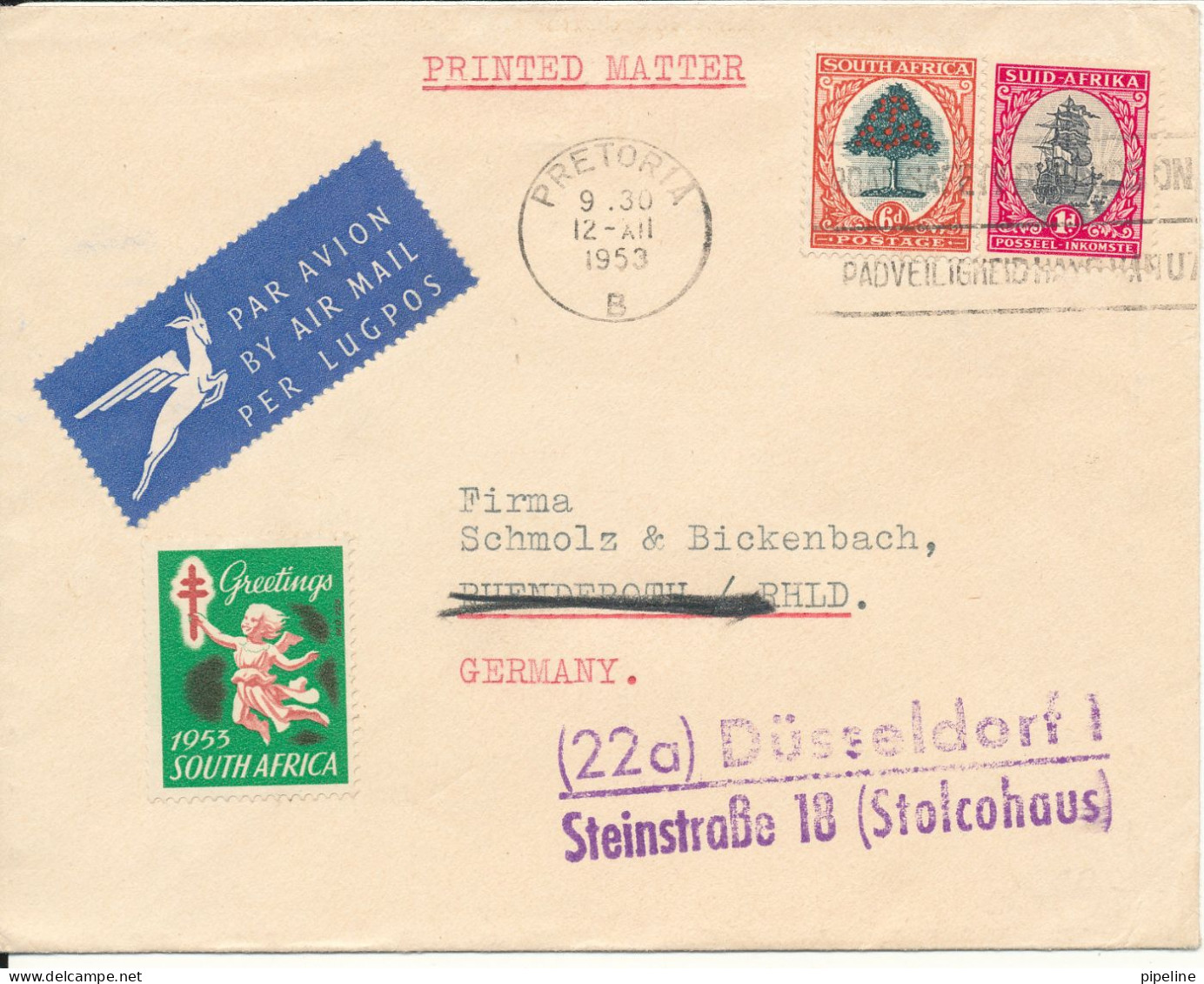South Africa Cover Sent To Germany Pretoria 12-12-1953 Stamps And A TB Christmas Seal - Storia Postale