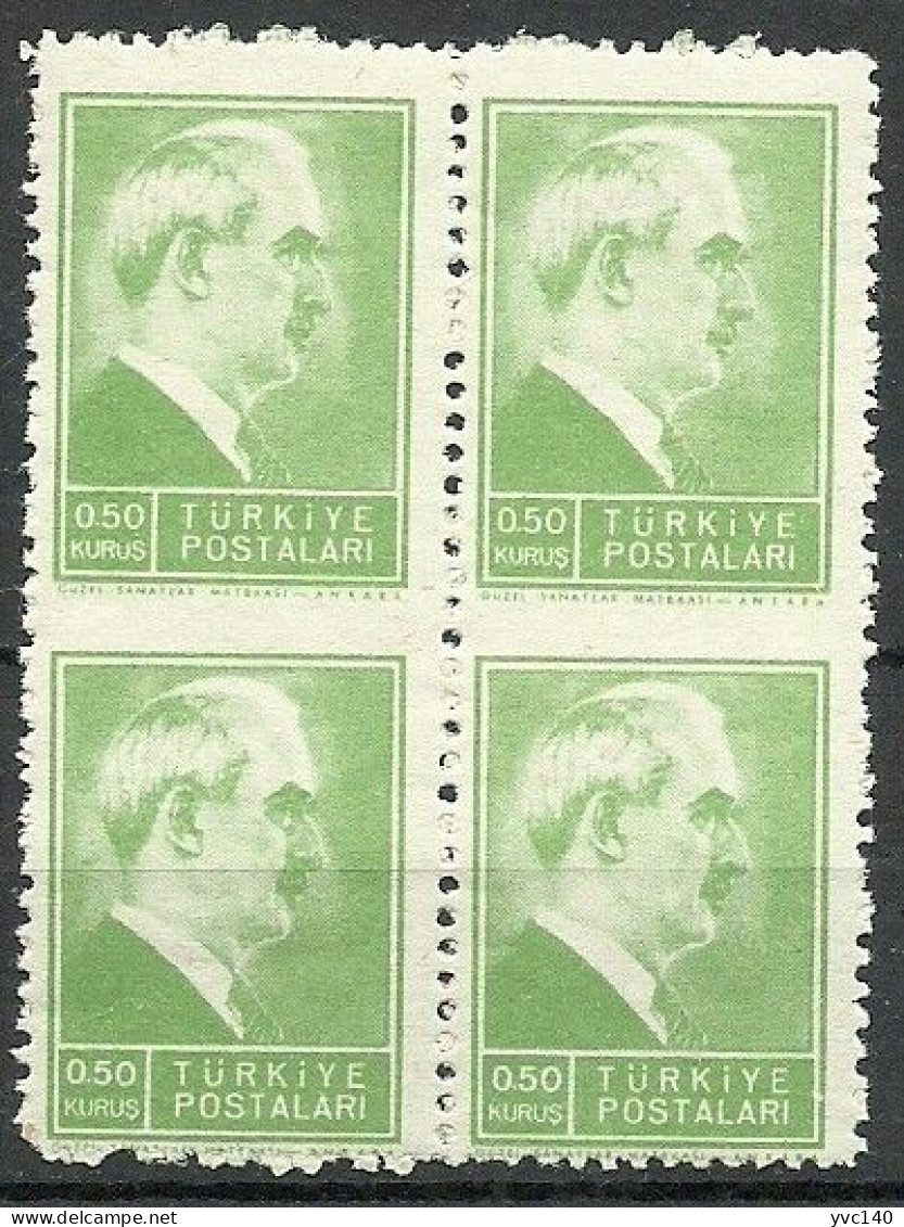 Turkey; 1944 2nd Inonu Issue 0.5 K. ERROR "Partially Imperforate" Block Of 4 - Unused Stamps