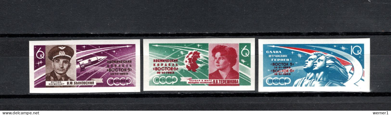 USSR Russia 1963 Space, Vostok 5 And 6, Bykowskij, Tereshkova Set Of 3 Imperf. MNH - Rusland En USSR