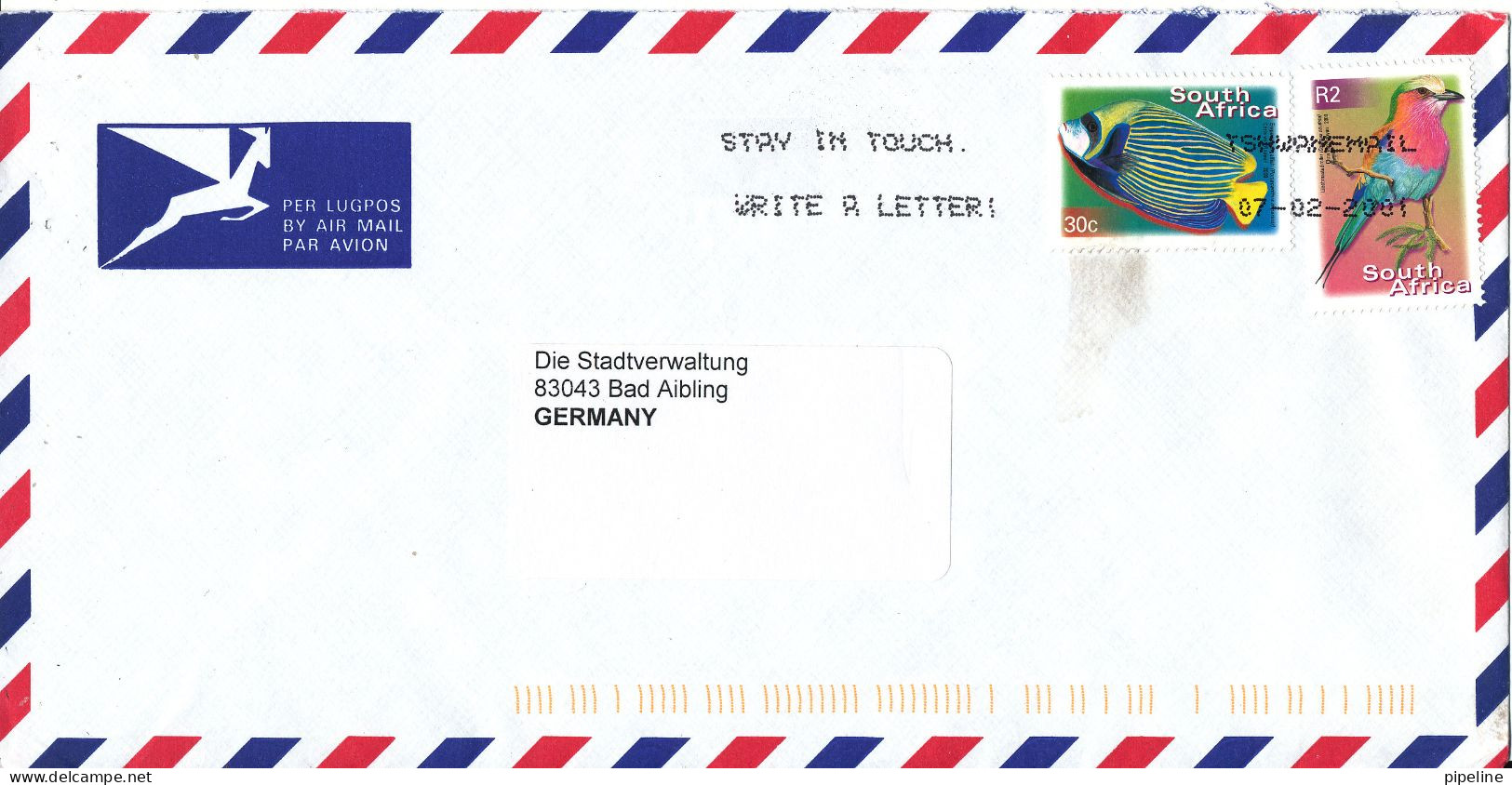 South Africa Air Mail Cover Sent To Germany 7-2-2001 Topic Stamps BIRD And FISH - Luftpost