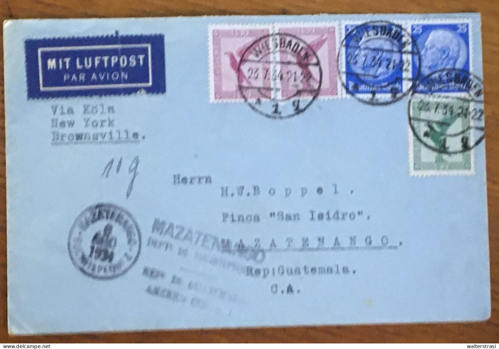 Deutsches Reich, FLUGPOST " VIA KÖLN - NEW YORK - BROWNSVILLE "   Brief " WIESBADEN - GUATEMALA " - Luft- Und Zeppelinpost