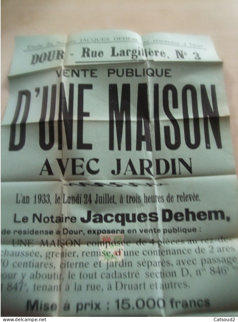 Affiche Notariale VENTE MAISON DOUR 1933 - 1900 – 1949