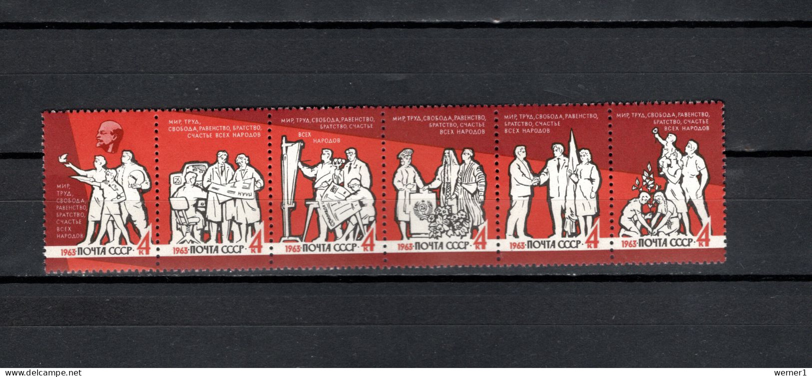 USSR Russia 1963 Space, Peace Work, Freedom Strip Of 6 MNH - Rusia & URSS
