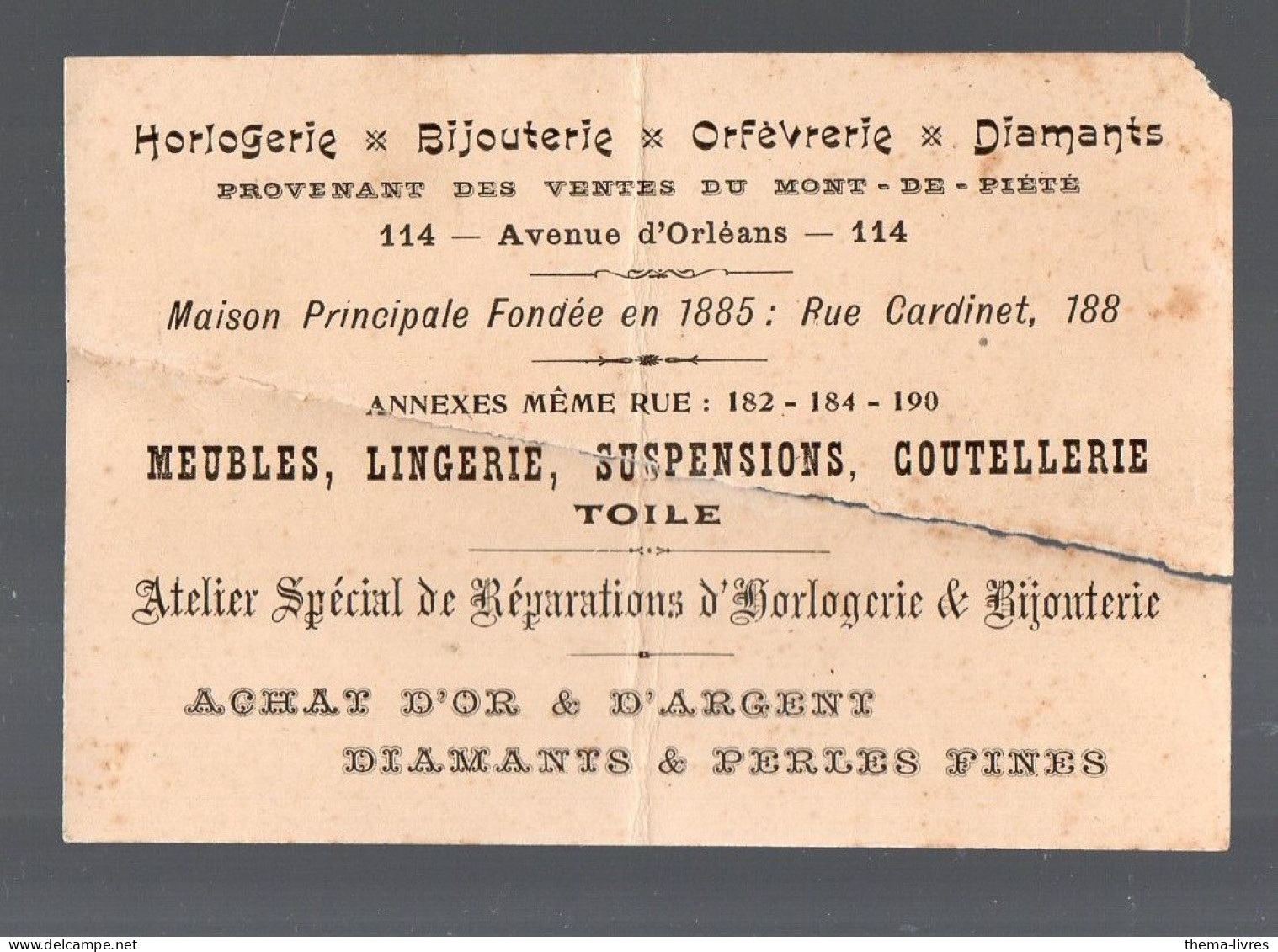 Paris; Avenue D'Orléans   ;  Carte Commerciale Horlogerie Bijouierie Etc (fendue En 2)  .(PPP47187) - Publicités