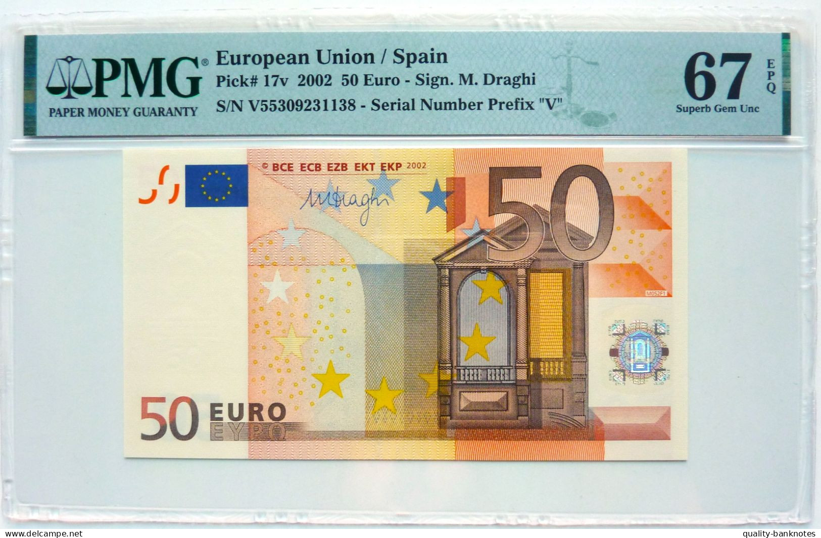 •Q-B• EUROPEAN UNION • SPAIN 50 EURO 2002 • DRAGHI • P 17 V • PMG 67 GEM UNC - 50 Euro