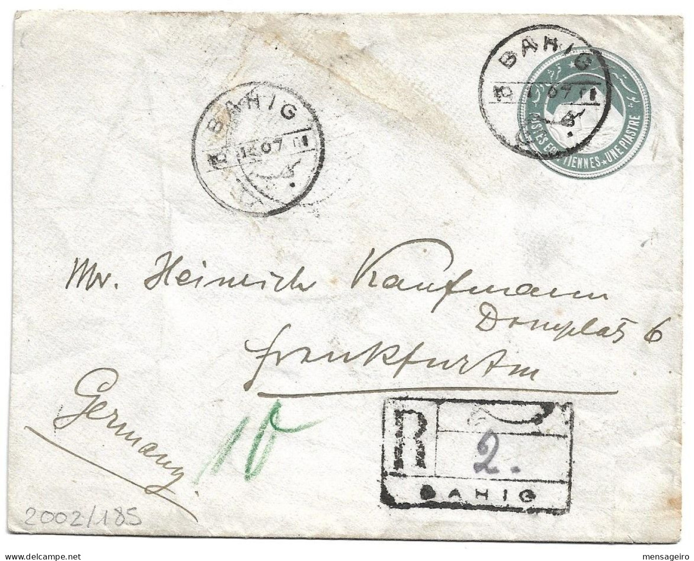 (C04) - REGISTRED 1P. STATIONNERY COVER BAHIG=>GERMANY 1907 ON BACK "FOUILLES DE KARM AROM (?) POSTE BAHIG (MARION) MARK - 1866-1914 Khedivate Of Egypt