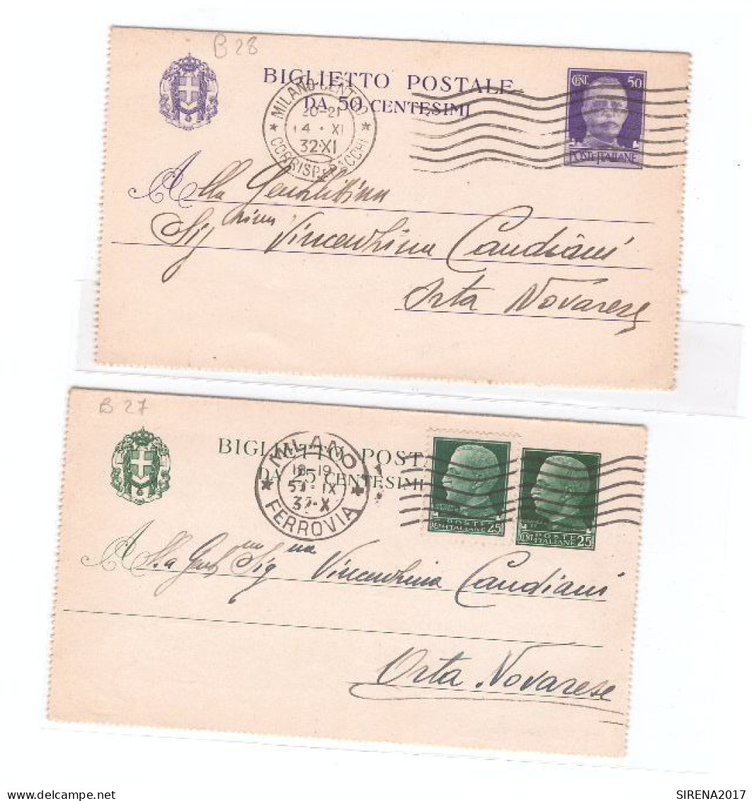 1931 IMPERIALE - 2  BIGLIETTO POSTALE CENT 25 + 50 - VIAGGIATI - Postwaardestukken