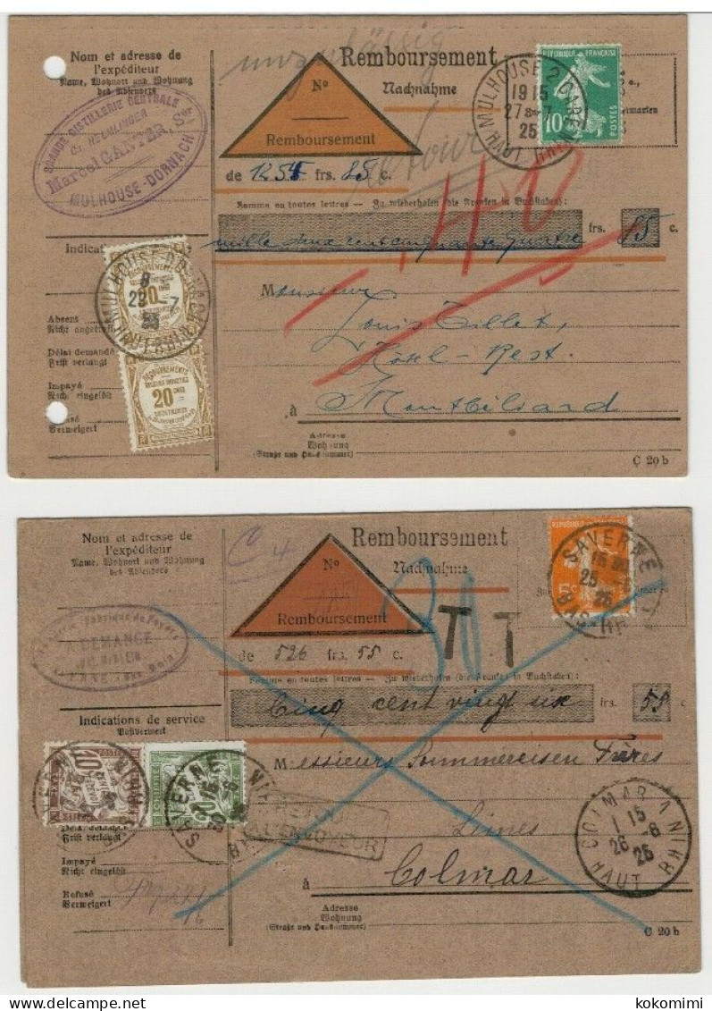 Cinq Tarifs De Valeurs Impayées Sur Cartes Remboursement Dont 4 Spécifiques Alsace Lorraine - 1859-1959 Lettres & Documents