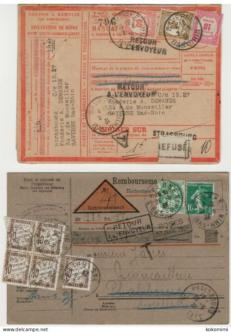 Cinq Tarifs De Valeurs Impayées Sur Cartes Remboursement Dont 4 Spécifiques Alsace Lorraine - 1859-1959 Lettres & Documents