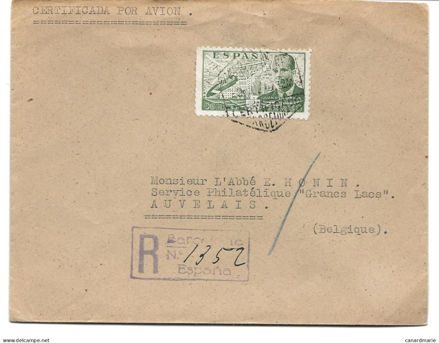 LETTRE RECOMMANDEE PAR AVION POUR LA BELGIQUE 1947 - Lettres & Documents