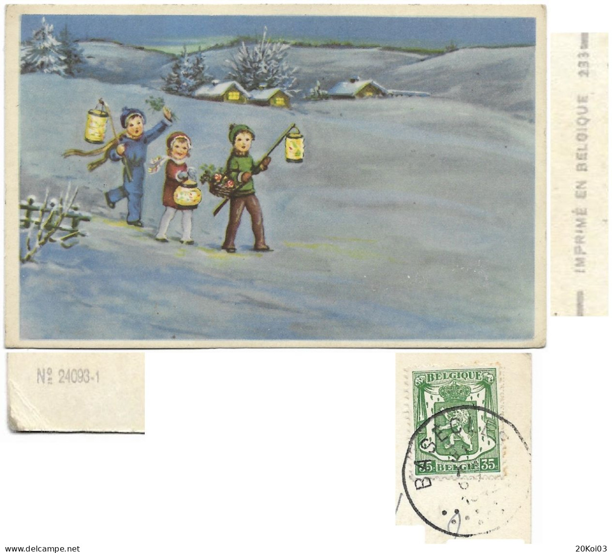 Enfants D'hiver Au Soir Maisons, Paysage Illustrateurs, N° 24093-1 Vintage_1944 BASECLES 31 Déc Timbre 35c_CPA-TTB - Gruppi Di Bambini & Famiglie