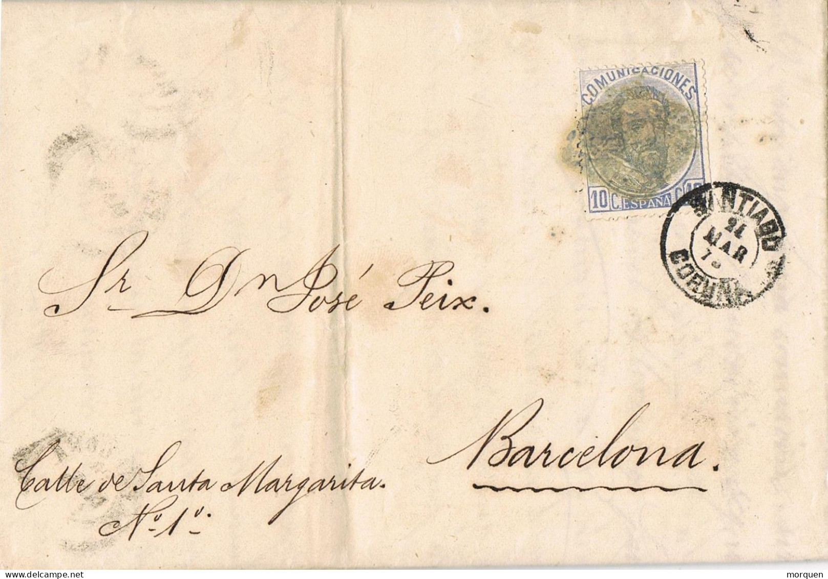 54860. Carta Entera SANTIAGO COMPOSTELA (Coruña) 1873. Sello Amadeo - Covers & Documents
