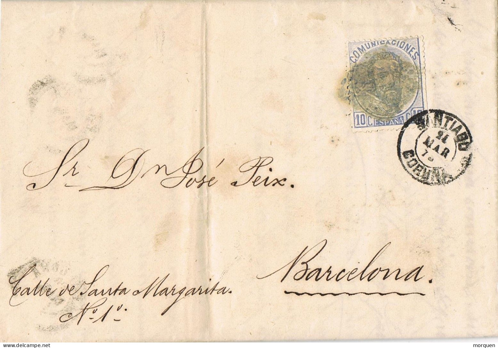 54860. Carta Entera SANTIAGO COMPOSTELA (Coruña) 1873. Sello Amadeo - Cartas & Documentos