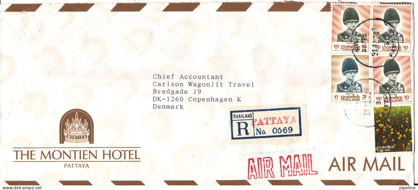 Thailand Registered Air Mail Cover Sent To Denmark Pattaya - Thailand