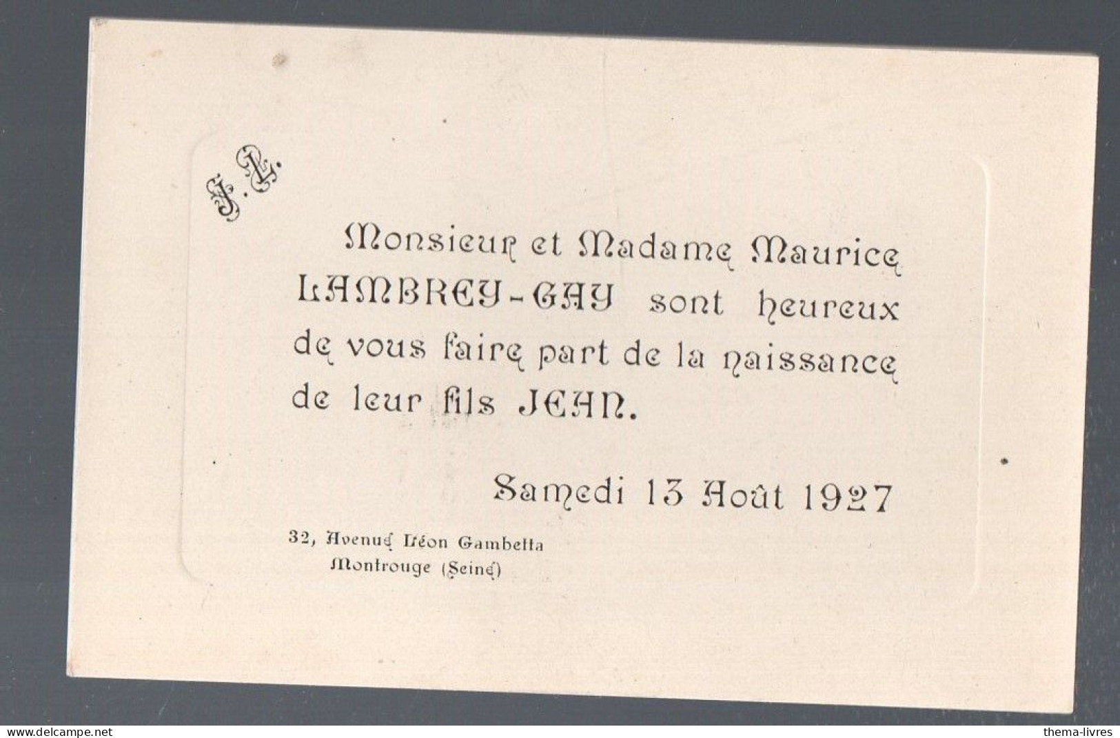 Montrouge (92) Faire Part De Naissance  1927 Jean Lambrey-Gay   .(PPP47189) - Geburt & Taufe