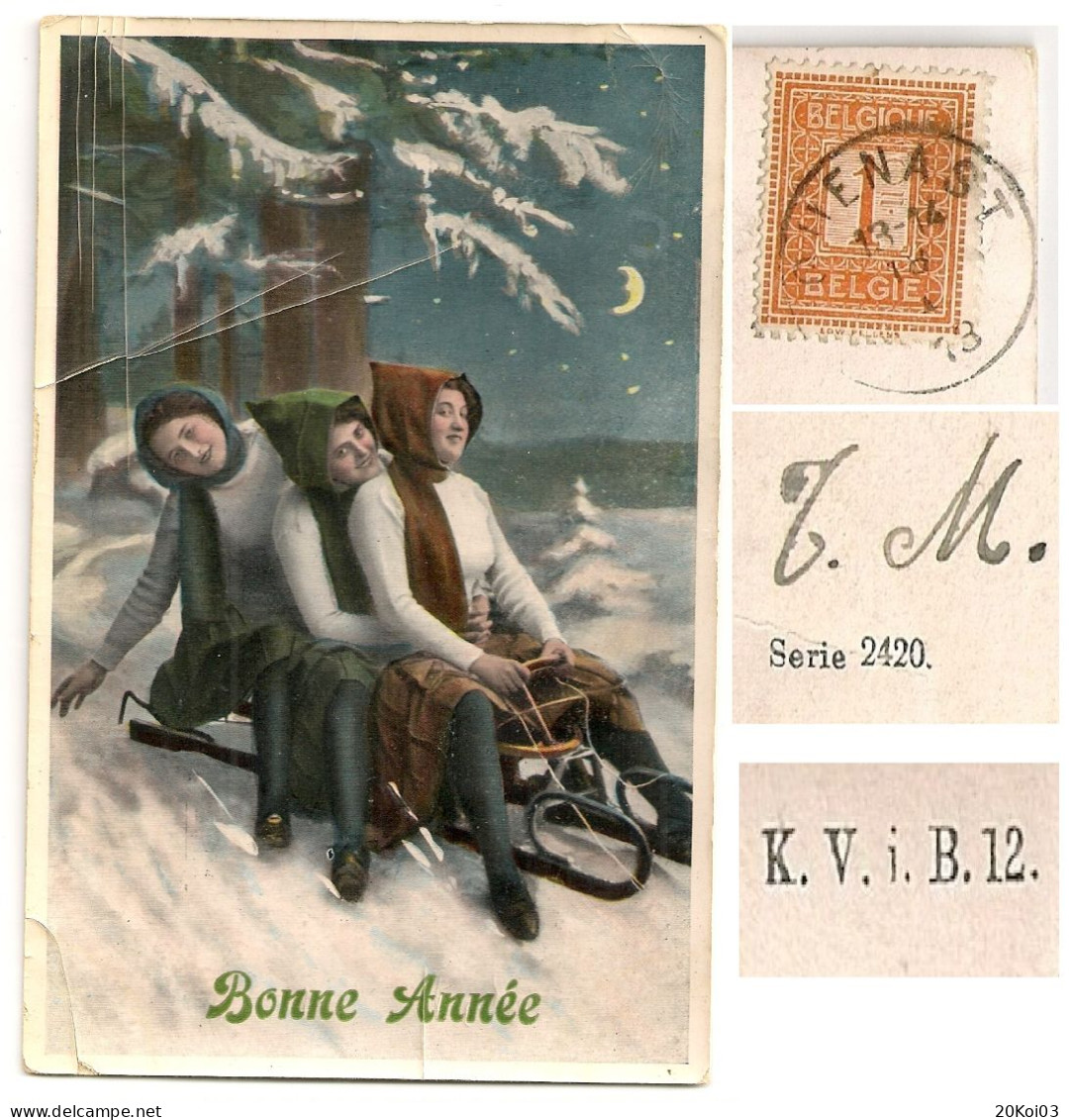 Trois Filles Sports D'hiver, Bonne Année, Série 2420 KVi  Vintage_1913 QUENAS 18-1 Timbre 1c REBECQ Hameau Puhain_CPA-EC - Sports D'hiver