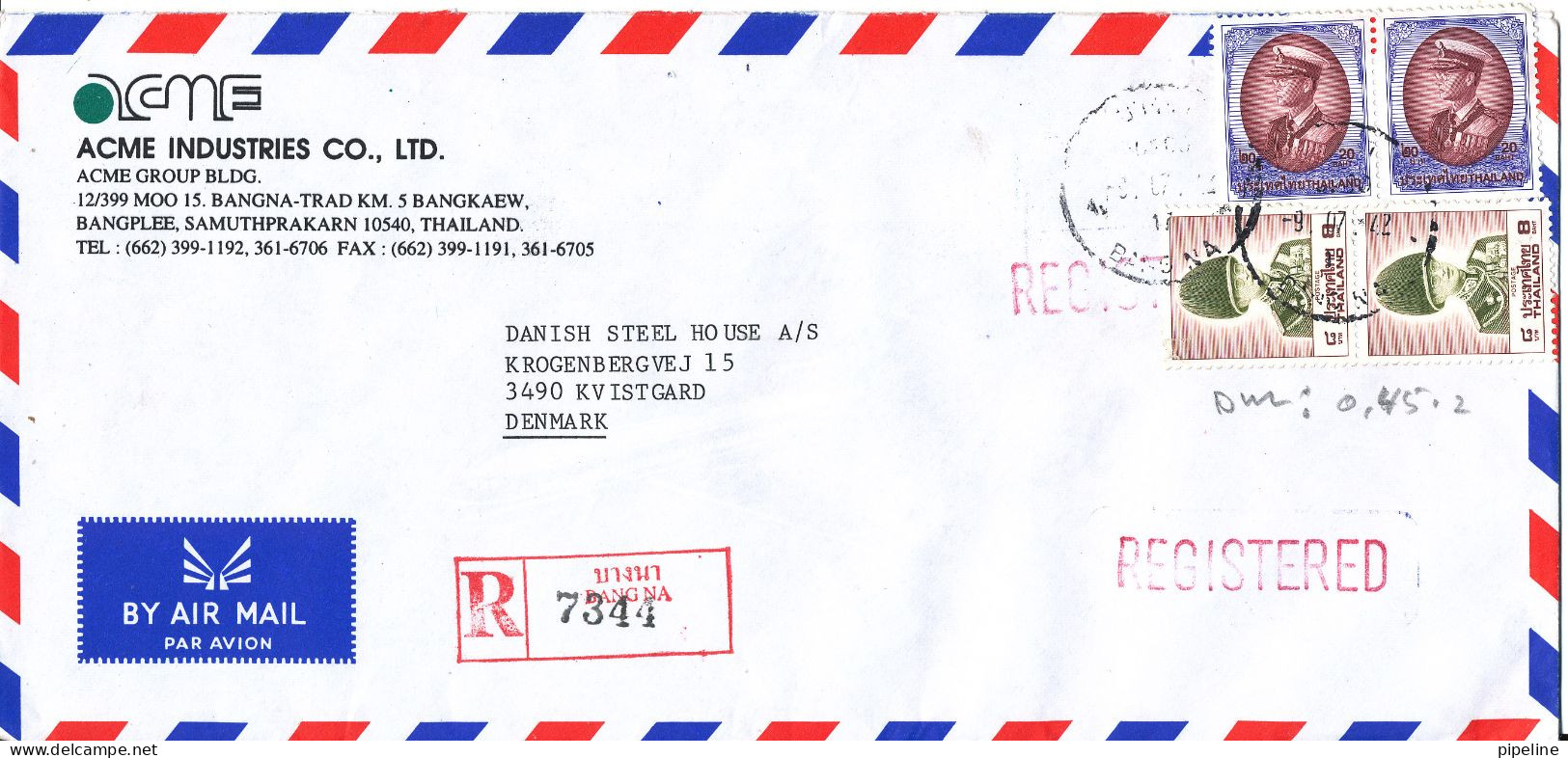 Thailand Registered Air Mail Cover Sent To Denmark - Thailand