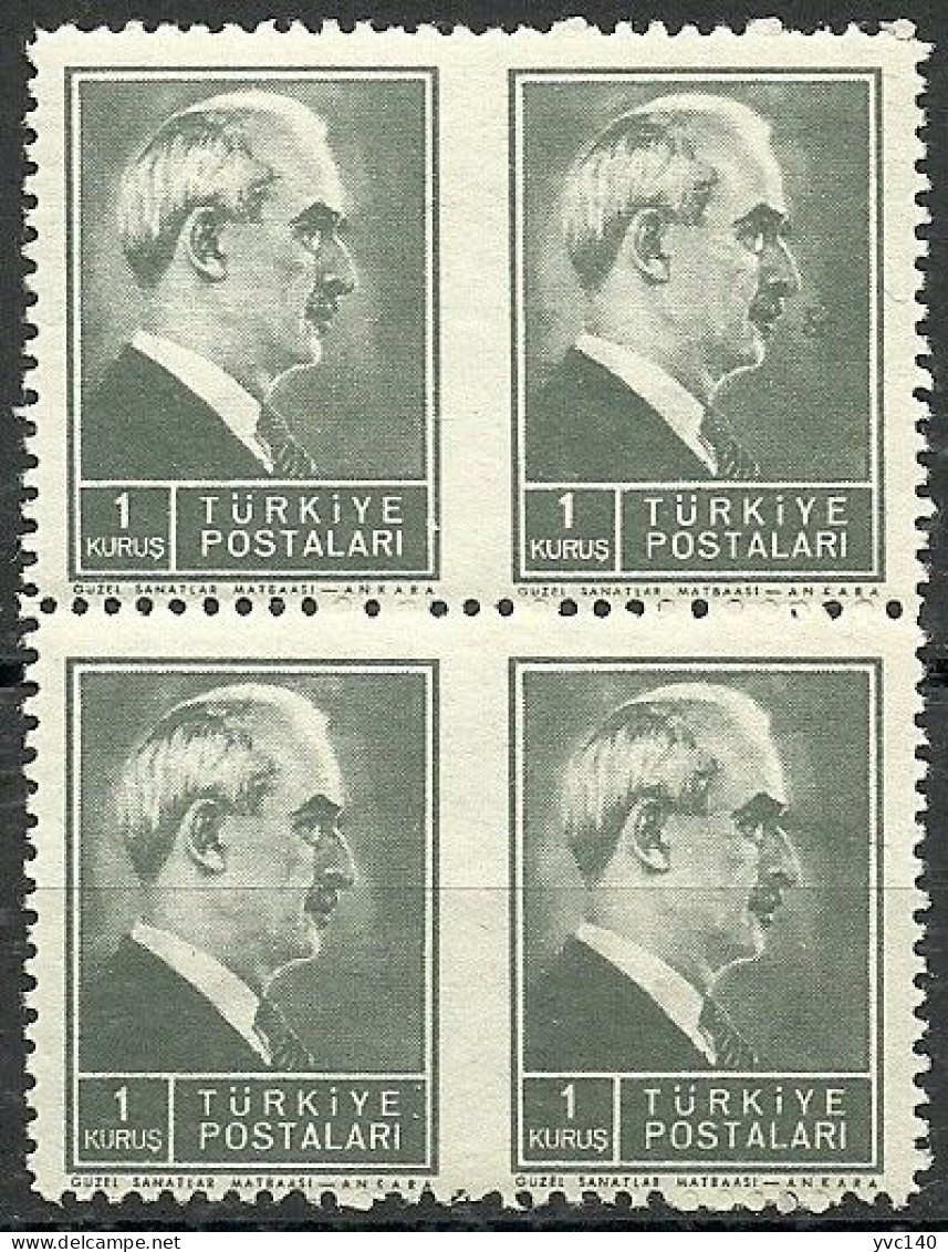 Turkey; 1944 2nd Inonu Issue 1 K. ERROR "Partially Imperf." Block Of 4 - Ongebruikt