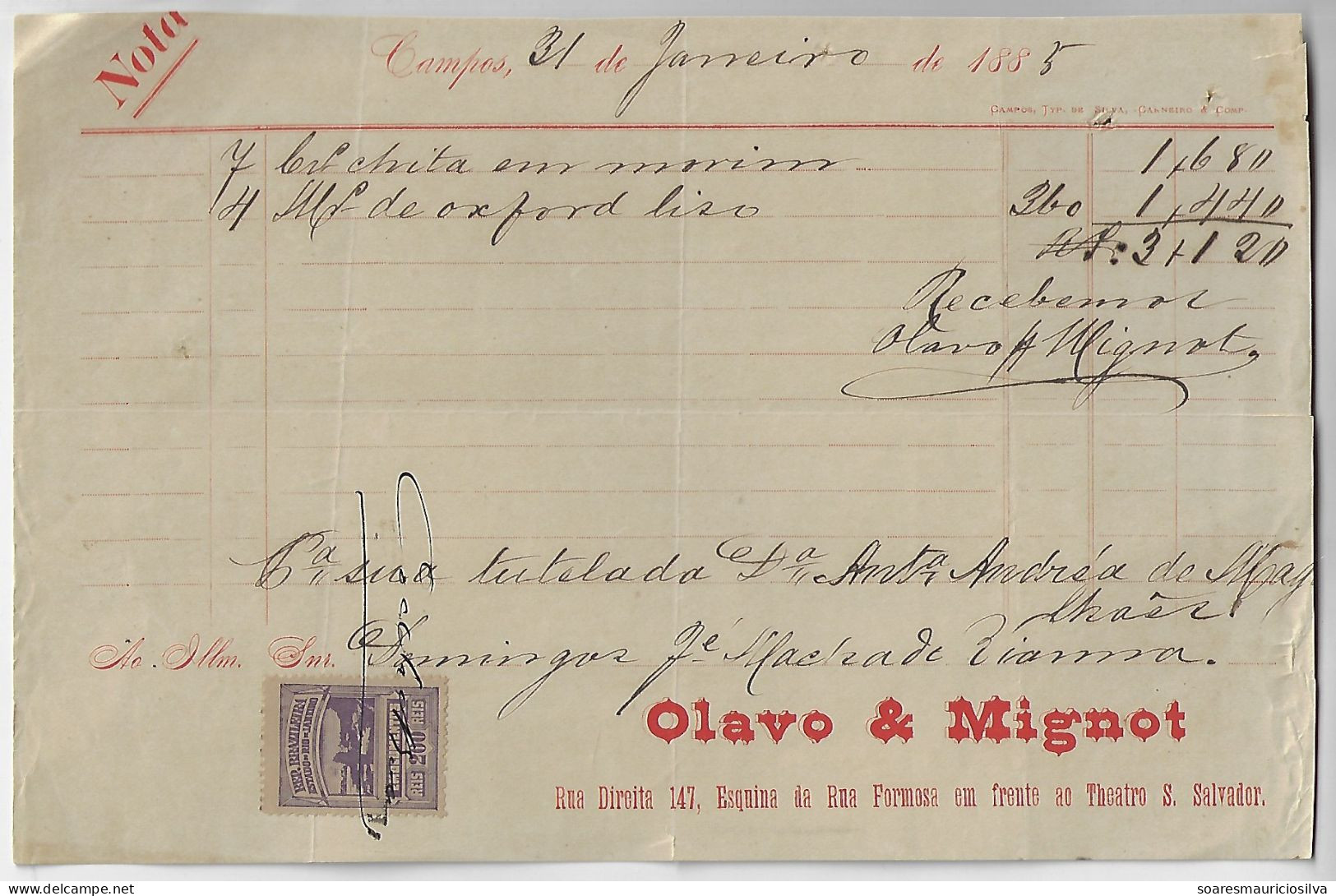 Brazil 1885 Olavo & Mignot Invoice Issued In Campos State Of Rio De Janeiro Tax Stamp Fees 200 Réis - Covers & Documents