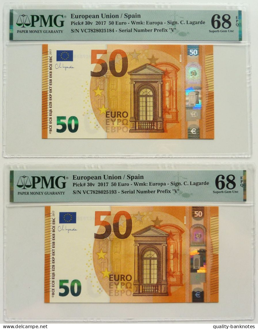 •Q-B• EUROPEAN UNION • SPAIN 2 X 50 EURO 2017 • LAGARDE • P 30 V • PMG 68-68 GEM UNC - 50 Euro