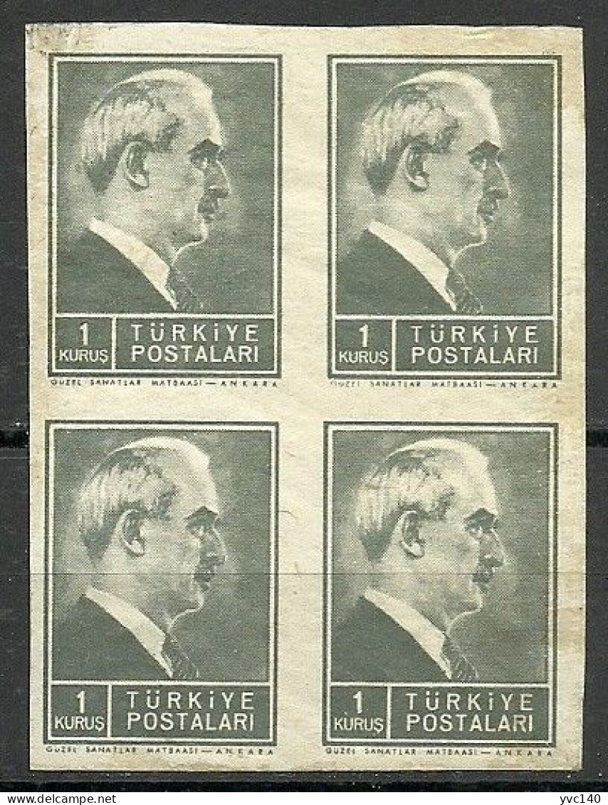 Turkey; 1944 2nd Inonu Issue 1 K. ERROR "Imperf. Block Of 4" - Unused Stamps