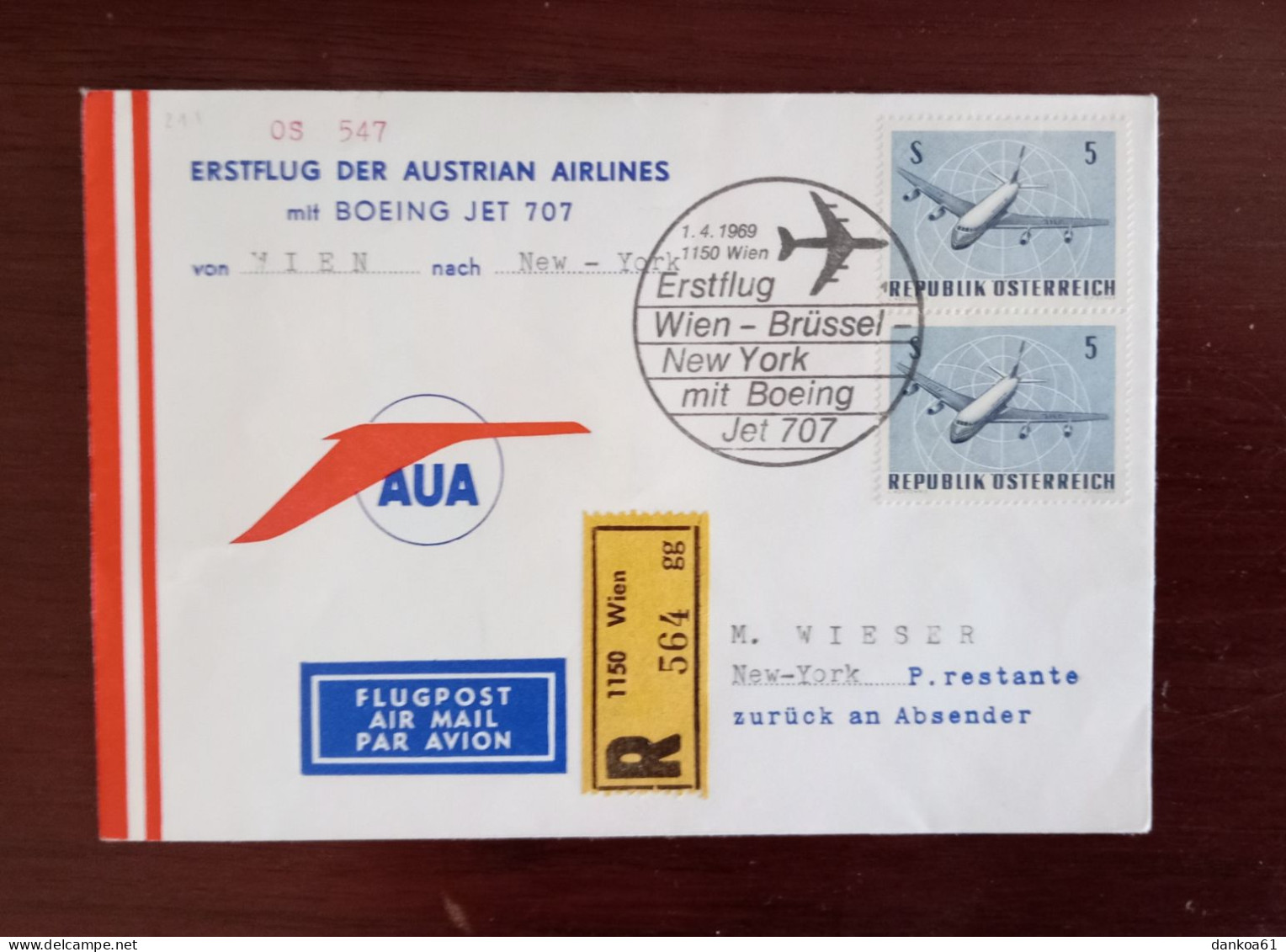 Österreich 1969. Erstflug AUA Mit Boeing Jet 707 Von Wien Nach New York Mit R Zettel Und P.restante Zurück An Absender. - Premiers Vols