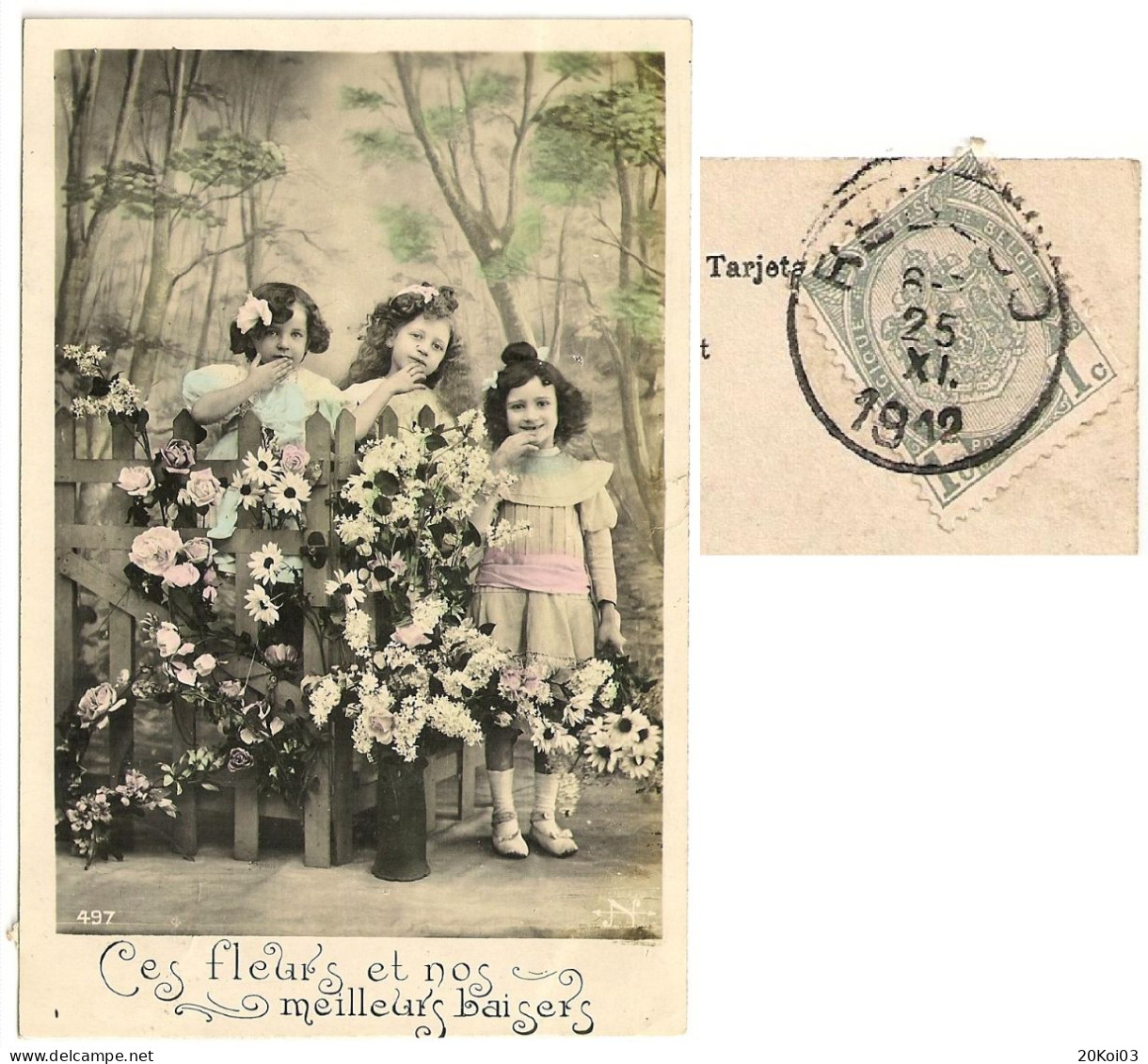 Enfants Trois Filles, Ces Fleurs Et Nos Meilleurs Baisers Fantaisies Fête N 497_1912 REBECQ 25 XI Timbre 1c_CPA-TTB - Gruppi Di Bambini & Famiglie